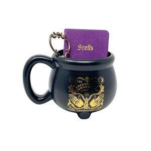 Spooky Gothic Halloween Lot of Coffee Mug Cauldron Spell Book and Brass Key